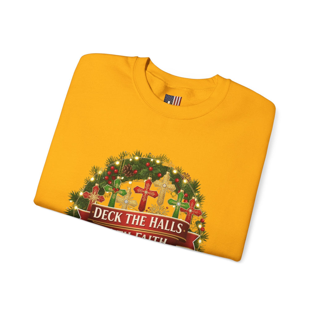 🎄 Deck the Halls with Faith – Christian Christmas Sweatshirt | Cross Ornament Design & Festive Garland | Bold Holiday Faith Tee by Uplifted Gear Printify