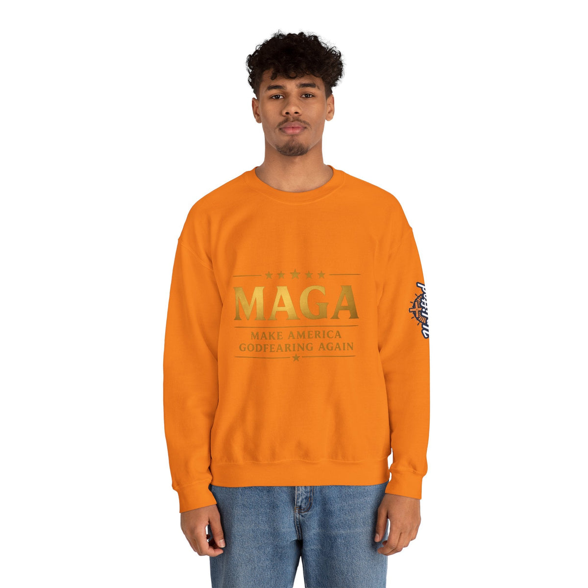Sweatshirt — "MAGA Make America Godfearing Again" Gold Logo Crewneck Printify