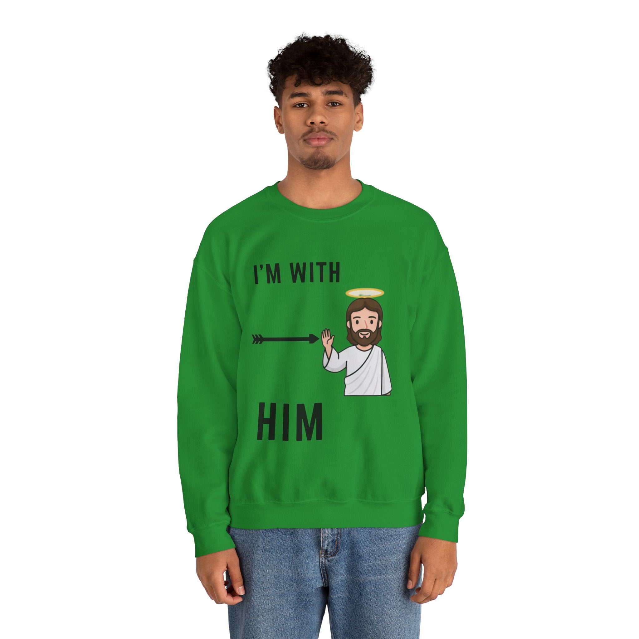 🔥 I’m With Him → Christian Sweatshirt | Arrow Pointing to Jesus | Minimalist Faith Tee | Subtle Cross Design | Bible-Inspired Apparel by Uplifted Gear Printify