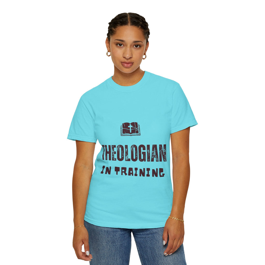 Theologian in Training T-Shirt – Open Bible & Cross Christian Tee for Faithful Learners Printify