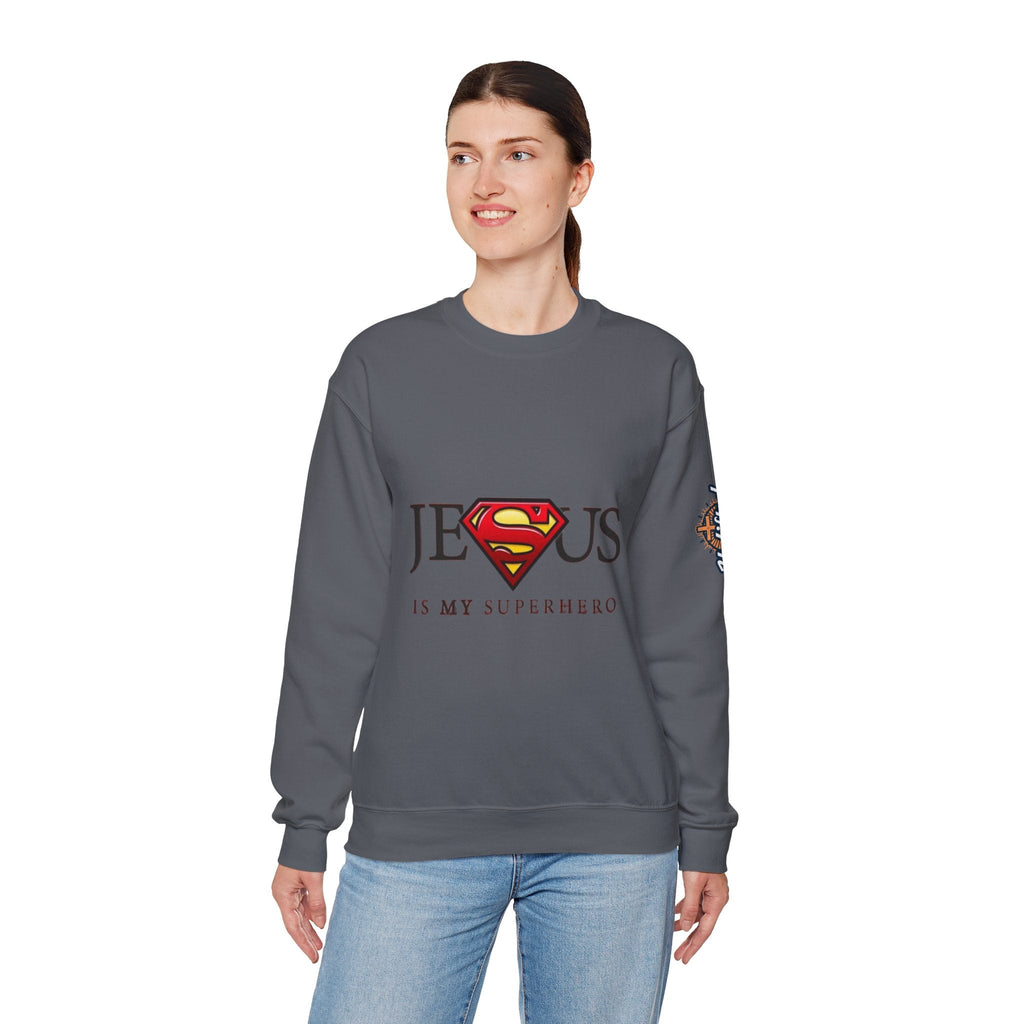 Jesus Is My Superhero Crewneck Sweatshirt Printify