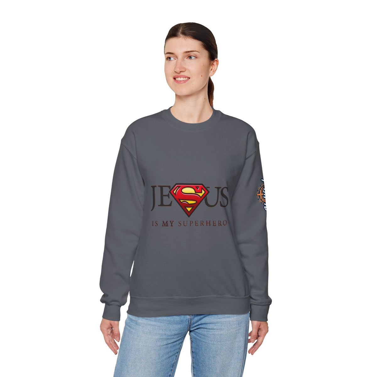 Jesus Is My Superhero Crewneck Sweatshirt Printify