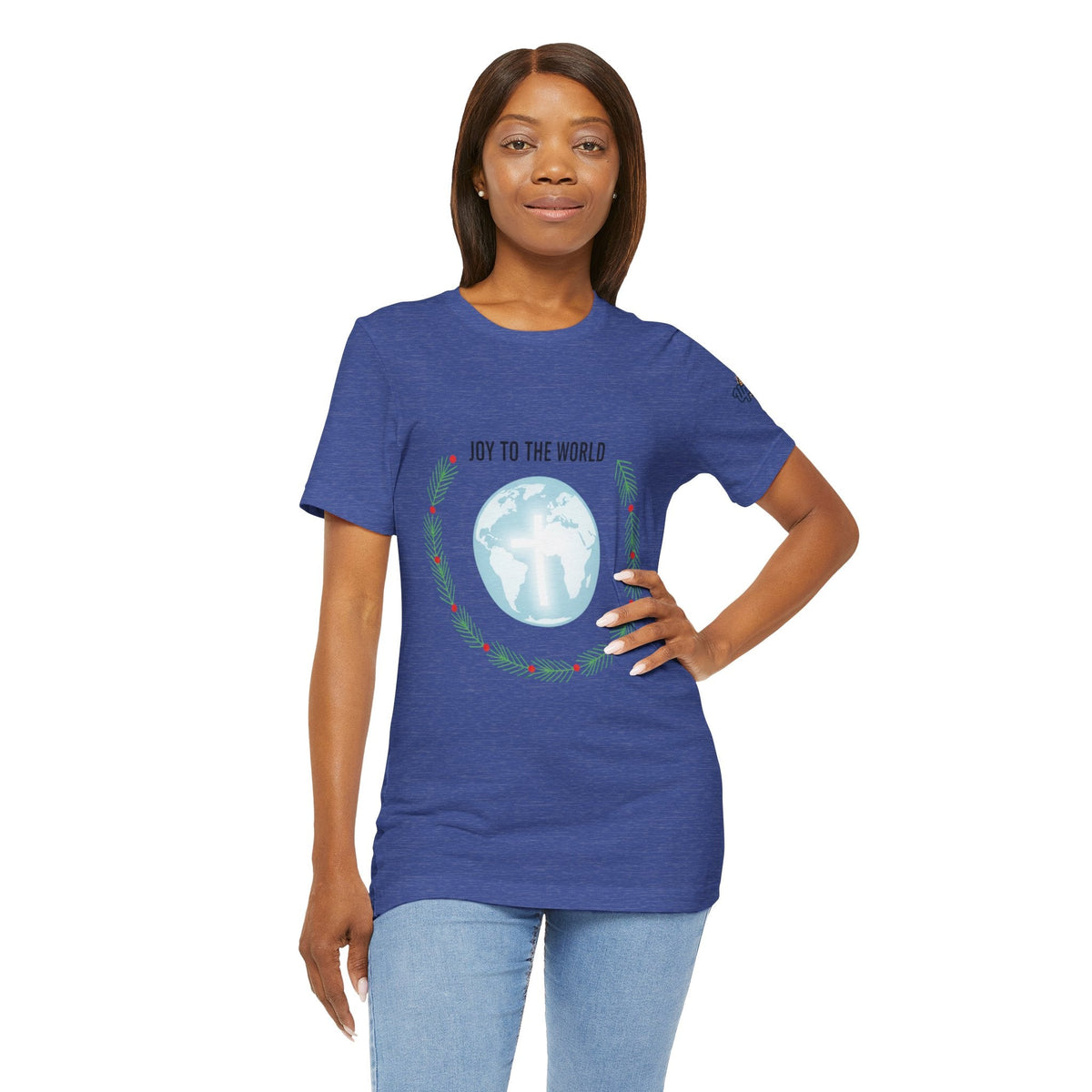 Joy to the World T-shirt – Wreath Earth Nativity Christian Christmas T-shirt for Isaiah 9:6 Holiday Faith & Festive Joy Printify