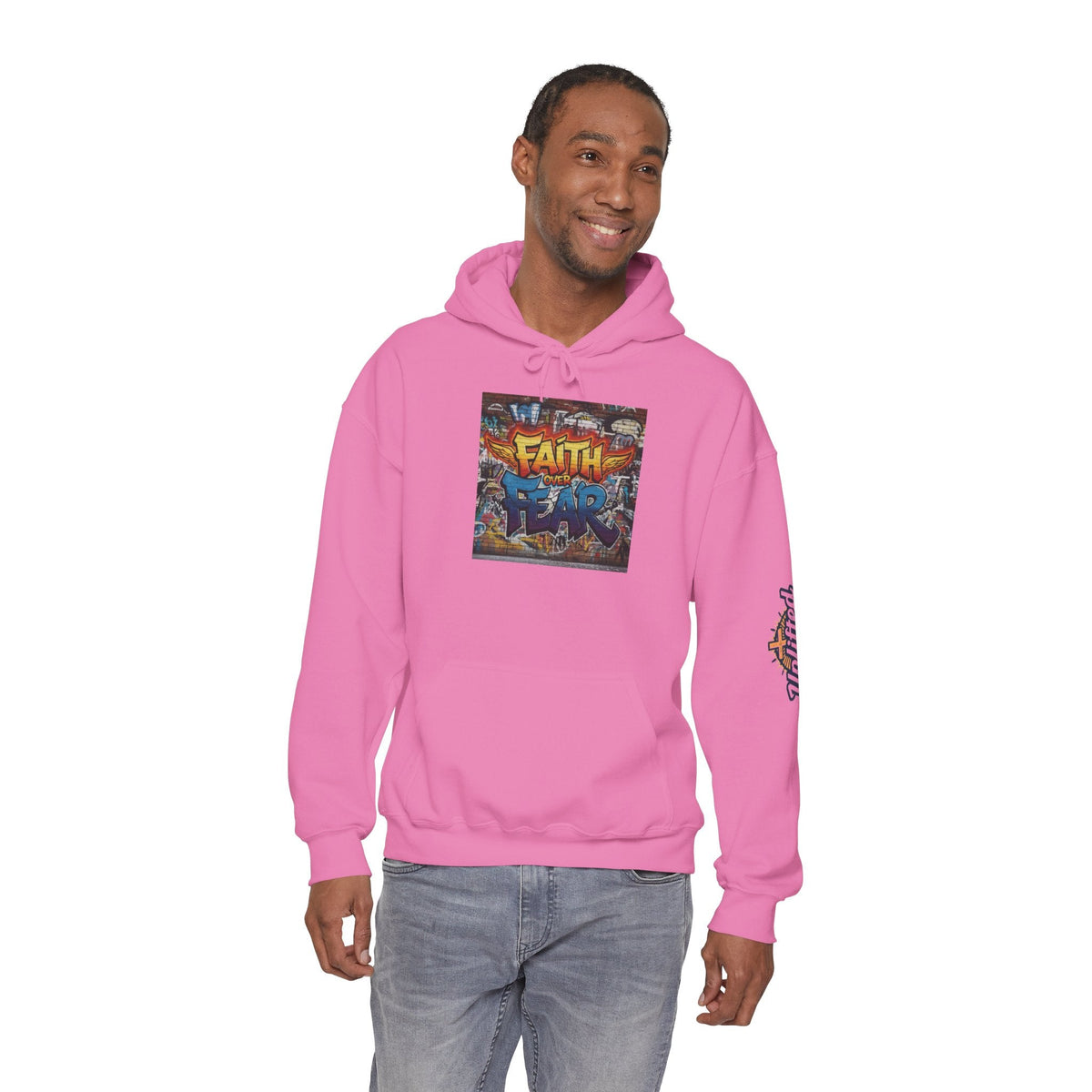 Faith Over Fear Hoodie – Graffiti Wall Christian Sweatshirt for Bold 2 Corinthians 5:7 Streetwear & Unshakable Faith Printify