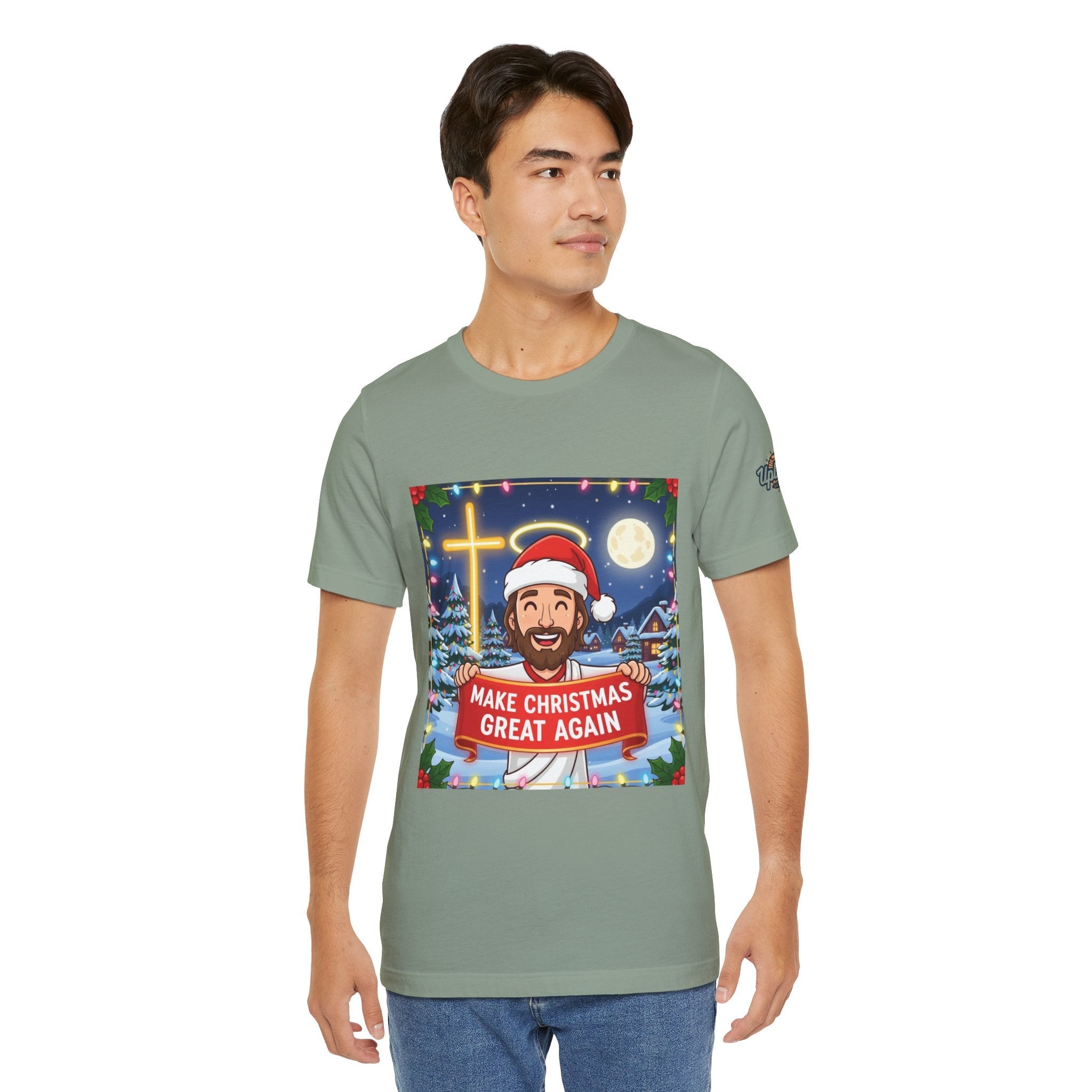 🎄 Make Christmas Great Again – Funny Christian T-Shirt | Jesus Holding Banner | Faith-Based Holiday Parody Tee | Uplifted Gear Printify