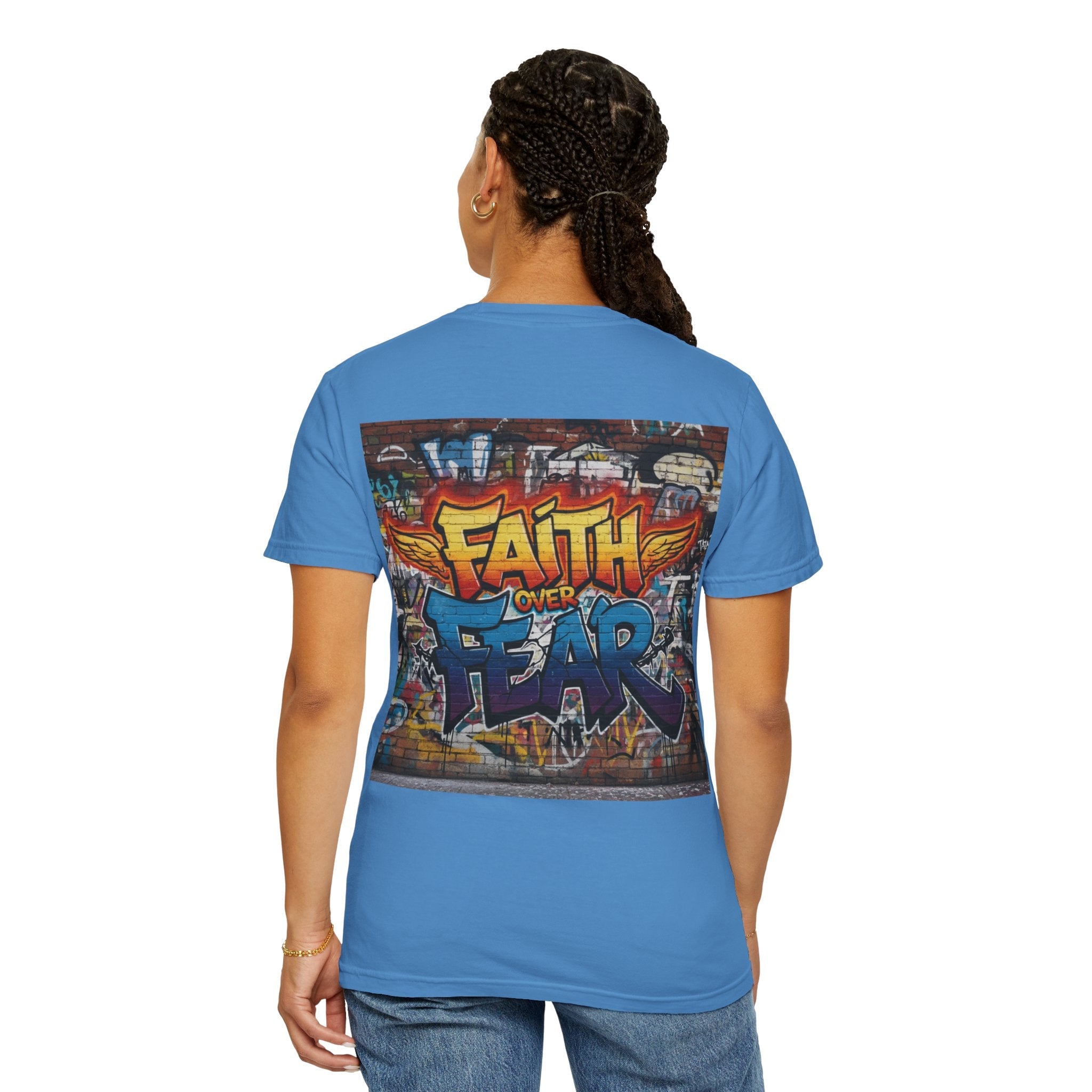 Faith Over Fear T-shirt – Graffiti Wall Christian T-shirt for Bold 2 Corinthians 5:7 Streetwear & Unshakable Faith Printify