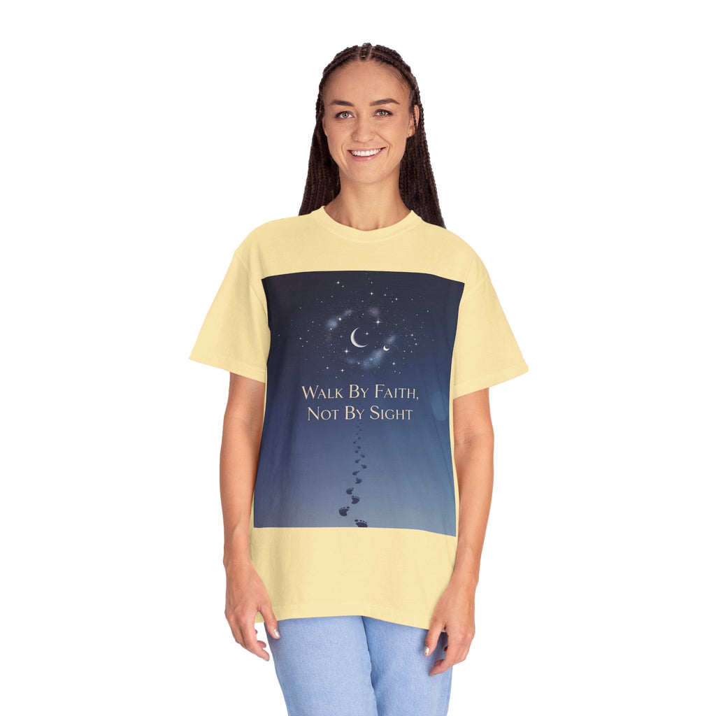 Walk by Faith, Not by Sight T-Shirt – Footprints in the Sand Christian Moonlit Tee Printify