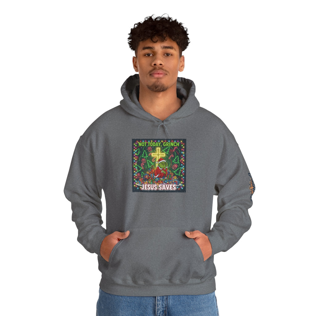 🎄 Not Today, Grinch – Jesus Saves | Funny Christian Christmas Hoodie | Festive Green & Red Cartoon Style | Bold Faith Holiday Tee by Uplifted Gear Printify