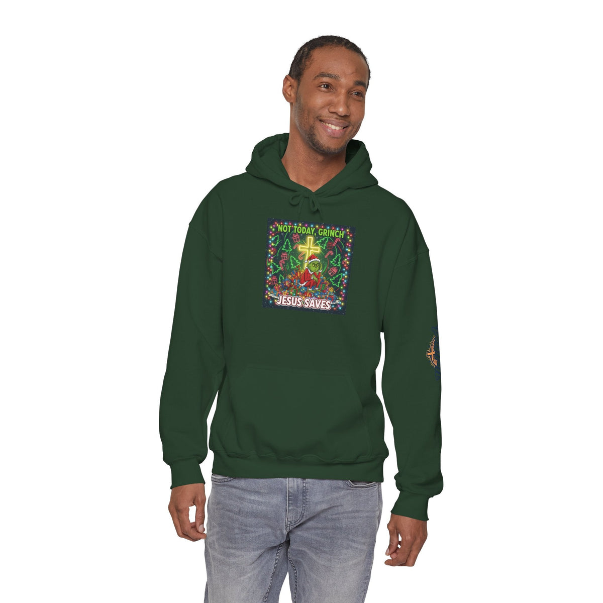 🎄 Not Today, Grinch – Jesus Saves | Funny Christian Christmas Hoodie | Festive Green & Red Cartoon Style | Bold Faith Holiday Tee by Uplifted Gear Printify