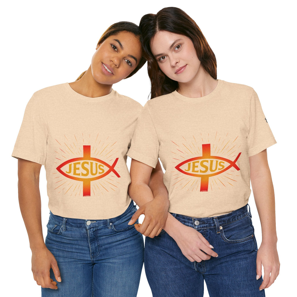 Jesus Ichthys T-shirt – Christian Fish Symbol with Cross & Jesus Inscription T-shirt for Eternal Faith & Streetwear Printify