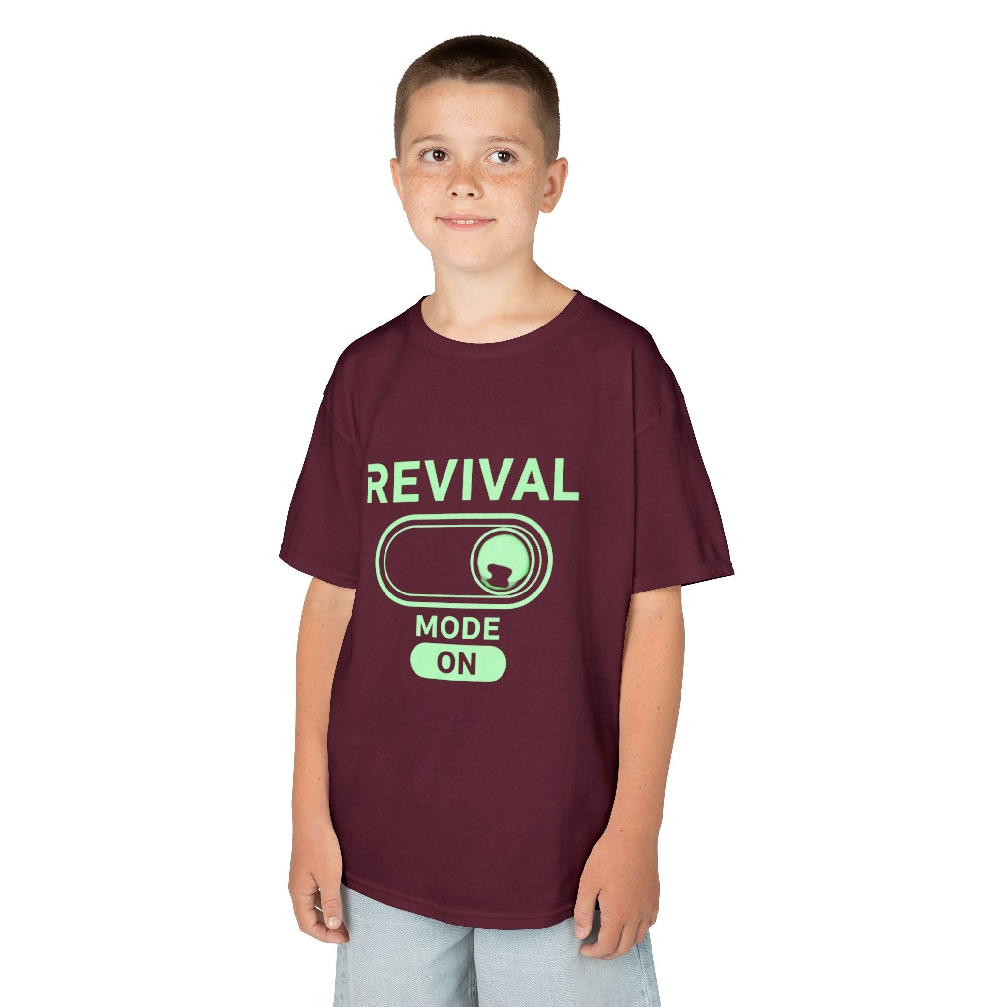 🔥 Revival Mode: ON – Christian Techwear Kids T-Shirt | Glowing Green Faith Switch | Futuristic Jesus Shirt | Activate Your Spiritual Awakening | Uplifted Gear Printify