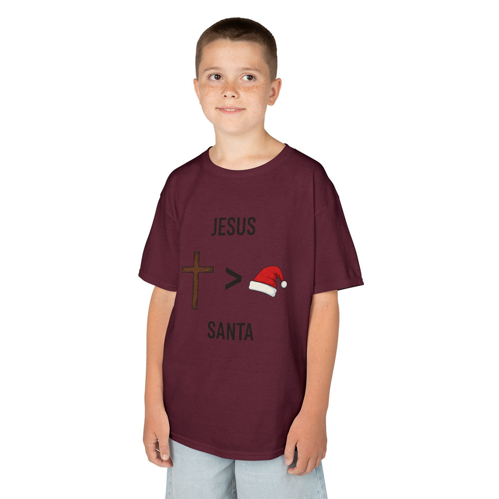 🎄 Jesus > Santa – Minimalist Christian Christmas Kids T-Shirt | Bold Faith Over Holiday Tee | Cross vs Santa Hat Design | Uplifted Gear Printify