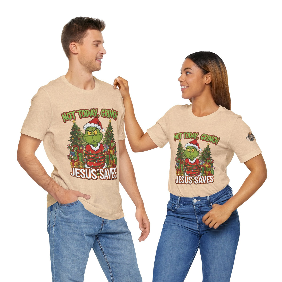 🎄 Not Today, Grinch – Jesus Saves | Funny Christian Christmas T-Shirt | Sulking Grinch & Glowing Cross | Bold Neon Faith Tee by Uplifted Gear Printify