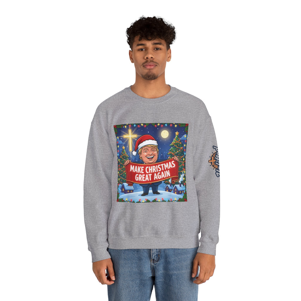 🎄 Make Christmas Great Again – Patriotic Christian Christmas Sweatshirt | Bold Holiday Faith Tee | Red & White Banner Design | Uplifted Gear Printify
