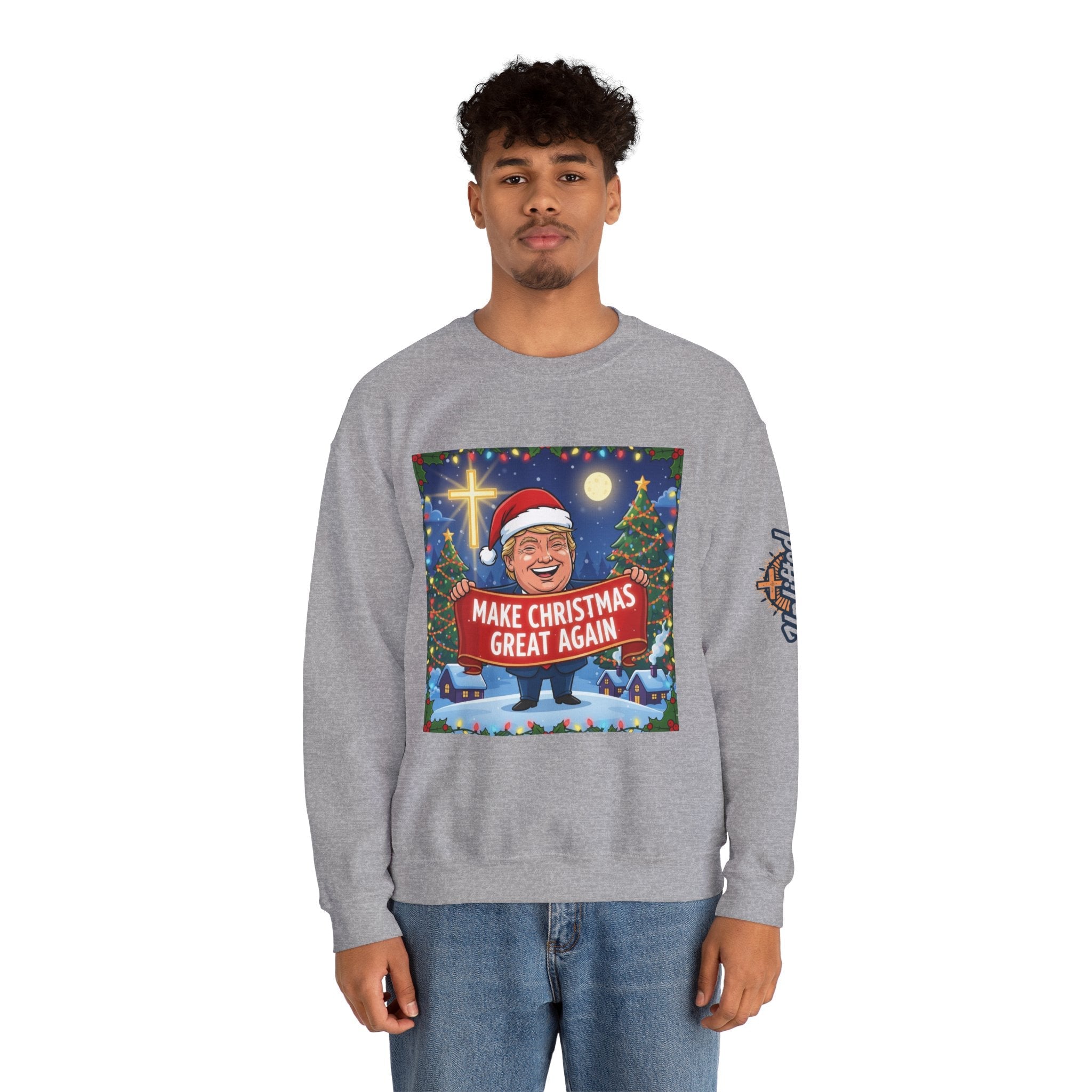 🎄 Make Christmas Great Again – Patriotic Christian Christmas Sweatshirt | Bold Holiday Faith Tee | Red & White Banner Design | Uplifted Gear Printify
