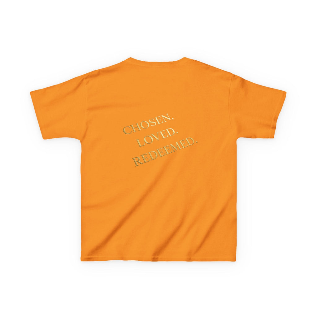 ✨ Chosen. Loved. Redeemed. – Elegant Christian Kids T-Shirt | Gold Foil Faith Tee | Subtle Cross & Heart Design | Inspirational Bible Verse Apparel by Uplifted Gear Printify