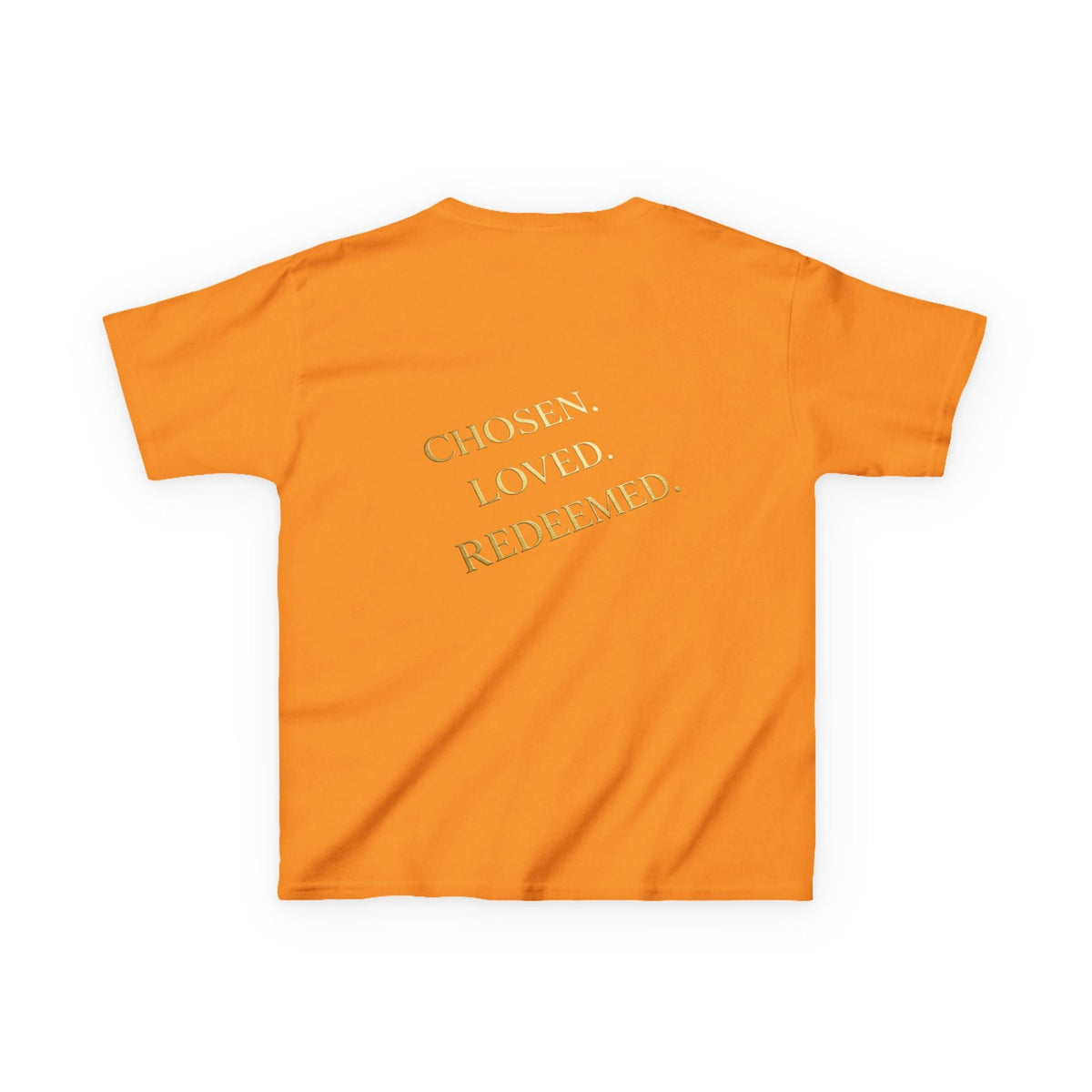✨ Chosen. Loved. Redeemed. – Elegant Christian Kids T-Shirt | Gold Foil Faith Tee | Subtle Cross & Heart Design | Inspirational Bible Verse Apparel by Uplifted Gear Printify