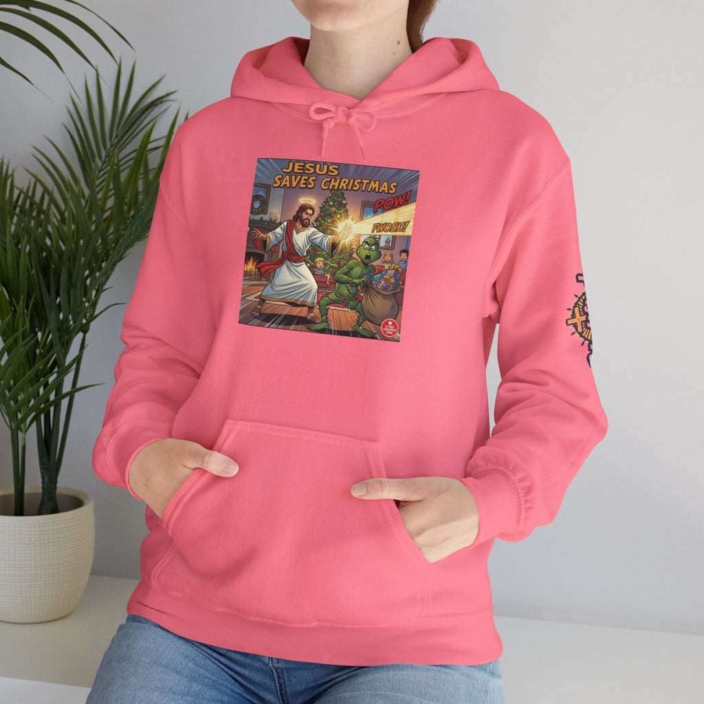 Jesus Saves Christmas Hoodie – Grinch vs Savior Light Battle Christian Sweatshirt for Hilarious Holiday Faith & True Joy Printify