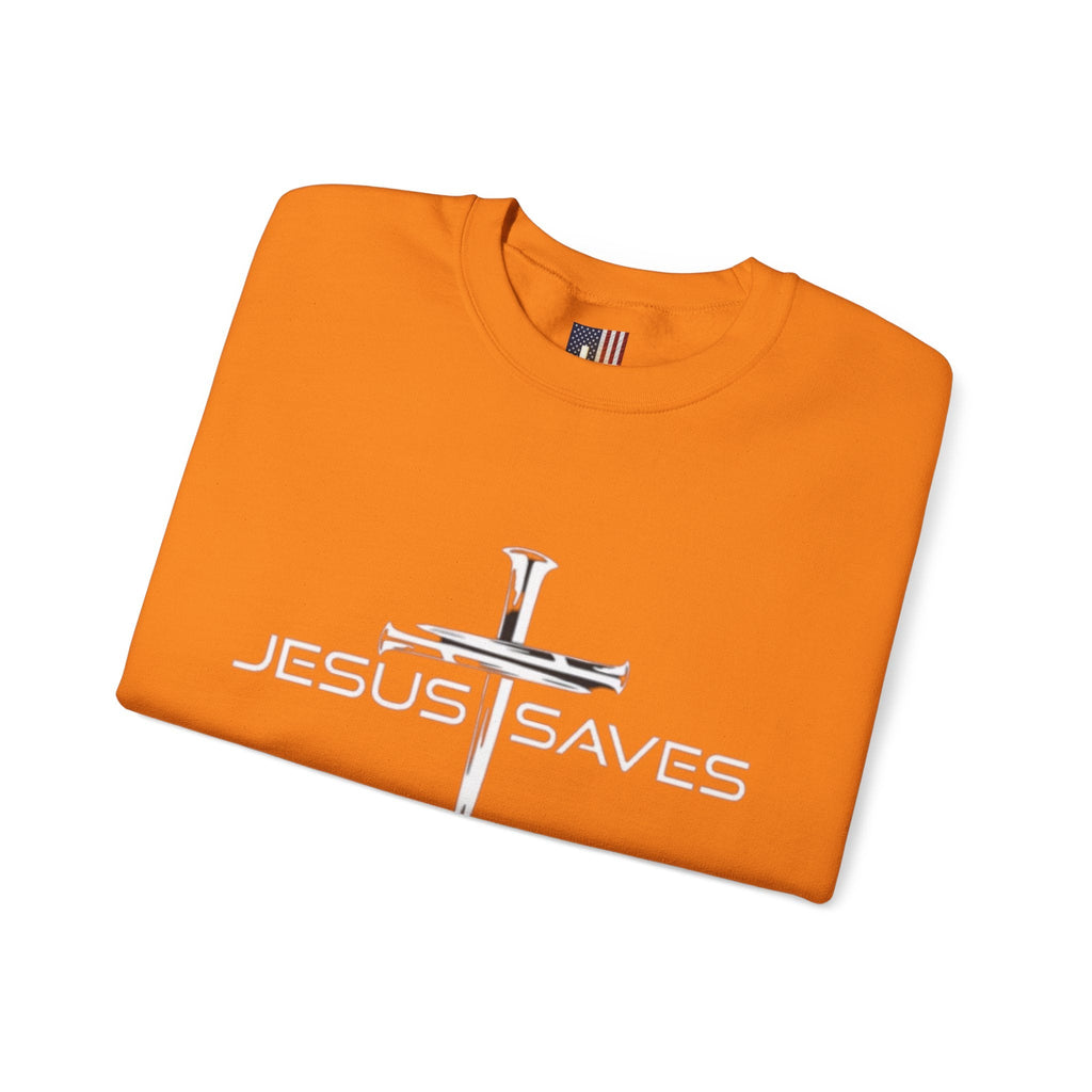 Jesus Saves Sweatshirt – 3 Nails Crucifix Cross Christian Sweatshirt for Redemption Faith & Bold Salvation Printify