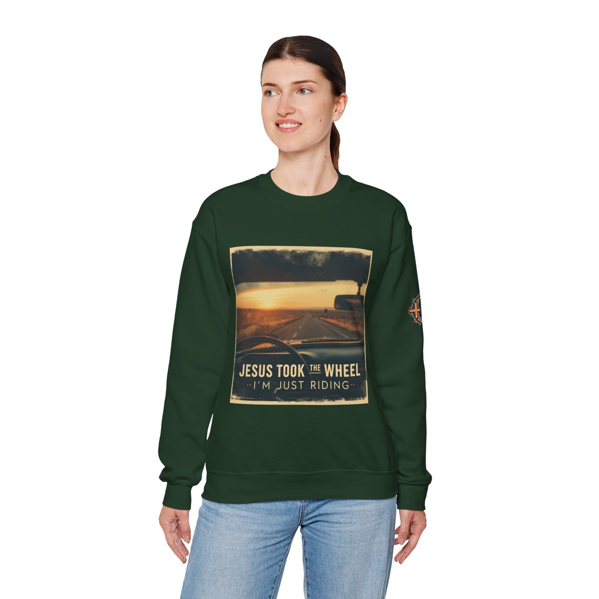 Jesus Took the Wheel I'm Just Riding Sweatshirt – Funny Christian Convertible Car Sweatshirt for Surrendered Faith & Humor