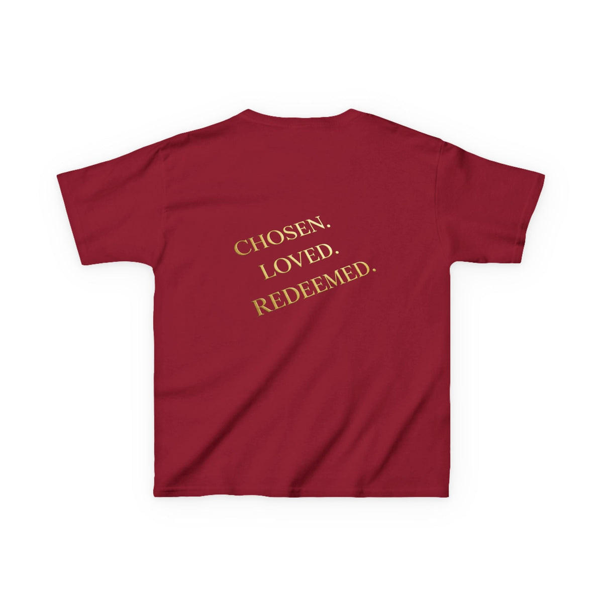 ✨ Chosen. Loved. Redeemed. – Elegant Christian Kids T-Shirt | Gold Foil Faith Tee | Subtle Cross & Heart Design | Inspirational Bible Verse Apparel by Uplifted Gear Printify