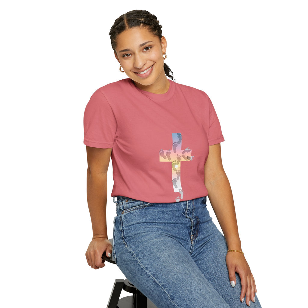 Walk by Faith T-Shirt – Cross & Footprints Christian Tee for Bold Believers Printify