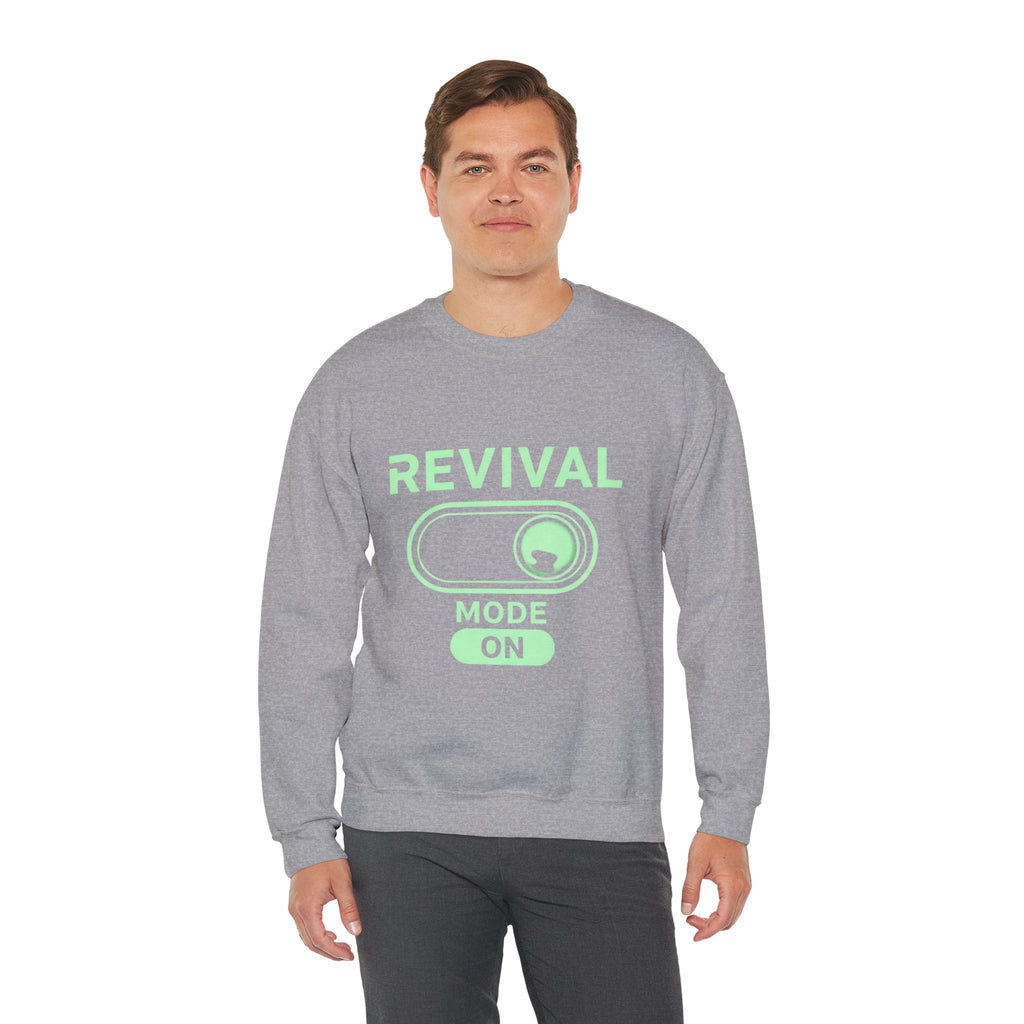🔥 Revival Mode: ON – Christian Techwear Sweatshirt | Glowing Green Faith Switch | Futuristic Jesus Shirt | Activate Your Spiritual Awakening | Uplifted Gear Printify