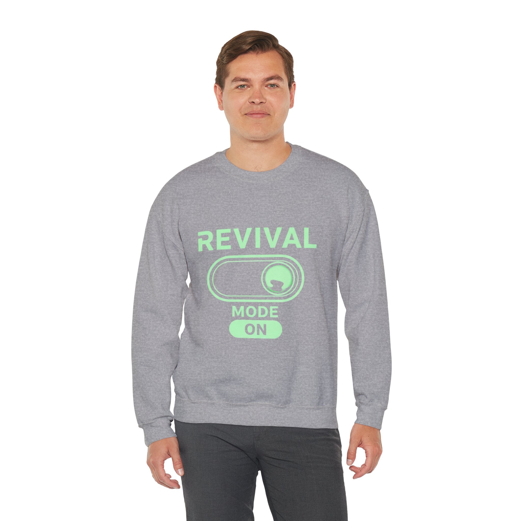 🔥 Revival Mode: ON – Christian Techwear Sweatshirt | Glowing Green Faith Switch | Futuristic Jesus Shirt | Activate Your Spiritual Awakening | Uplifted Gear Printify