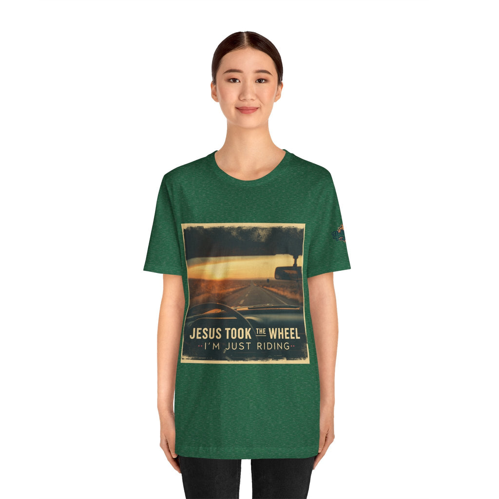 Jesus Took the Wheel I'm Just Riding T-shirt – Funny Christian Convertible Car T-shirt for Surrendered Faith & Humor Printify