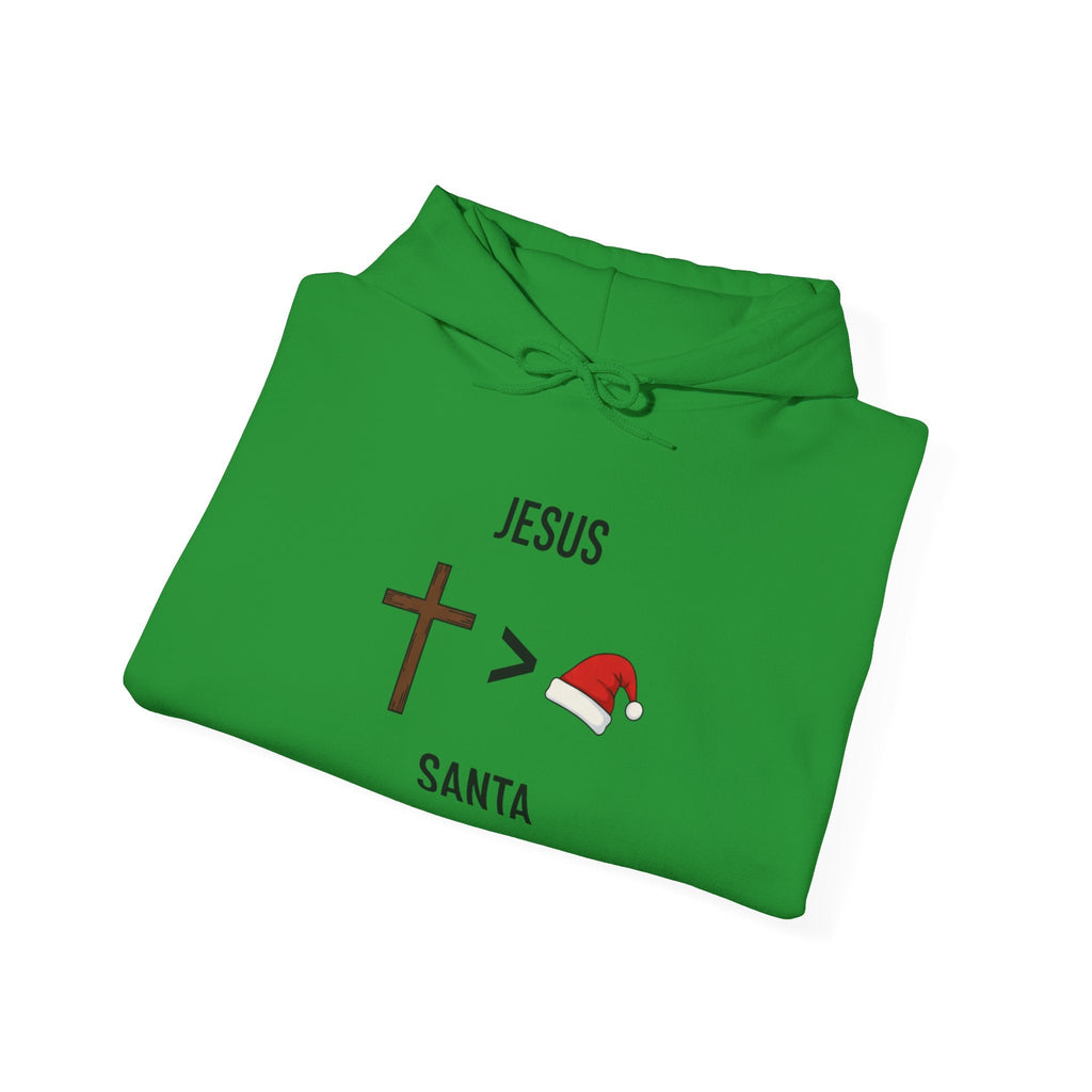 🎄 Jesus > Santa – Minimalist Christian Christmas Hoodie | Bold Faith Over Holiday Tee | Cross vs Santa Hat Design | Uplifted Gear Printify