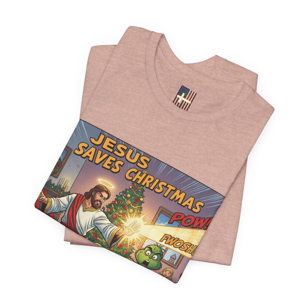 Jesus Saves Christmas T-shirt – Grinch vs Savior Light Battle Christian T-shirt for Hilarious Holiday Faith & True Joy Printify