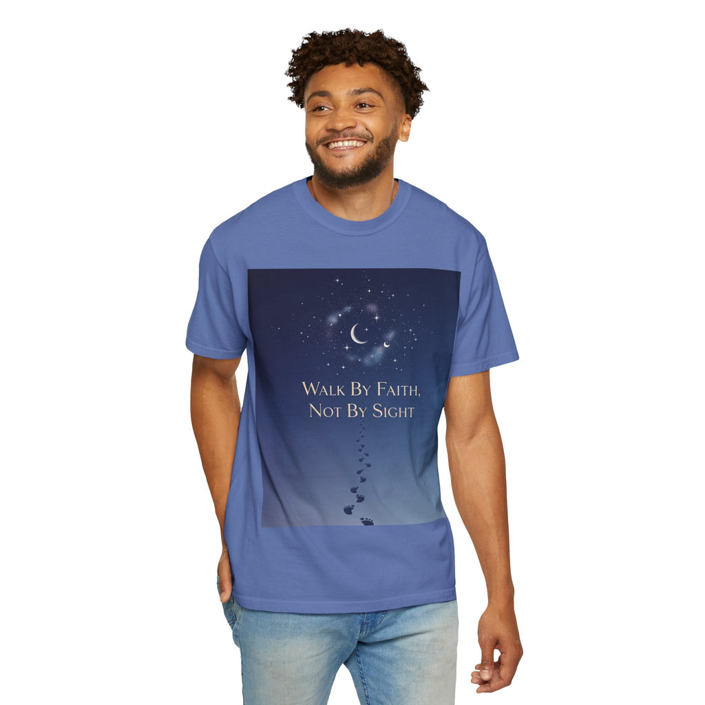 Walk by Faith, Not by Sight T-Shirt – Footprints in the Sand Christian Moonlit Tee Printify