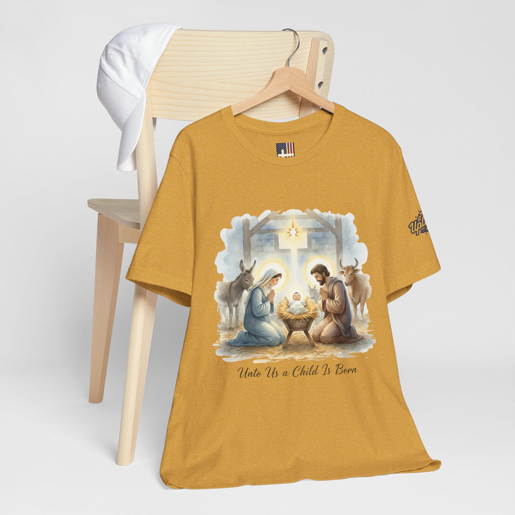 Unto Us a Child is Born T-shirt – Isaiah 9:6 Nativity Manger Scene Christian Christmas T-shirt for Holy Night Faith Printify