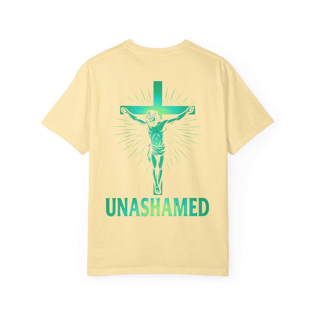 Unashamed T-shirt – Romans 1:16 Crucifixion Christian t-shirt for Bold Unwavering Faith Printify