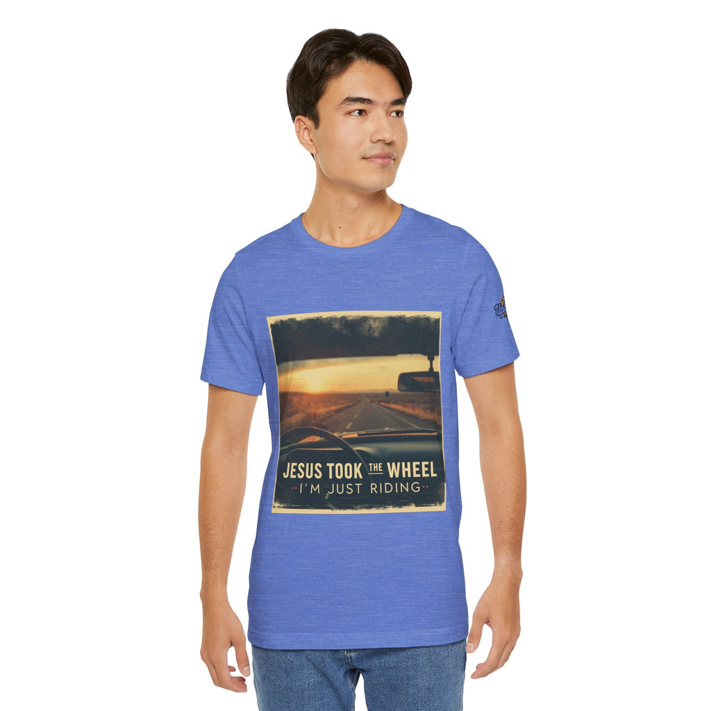 Jesus Took the Wheel I'm Just Riding T-shirt – Funny Christian Convertible Car T-shirt for Surrendered Faith & Humor Printify