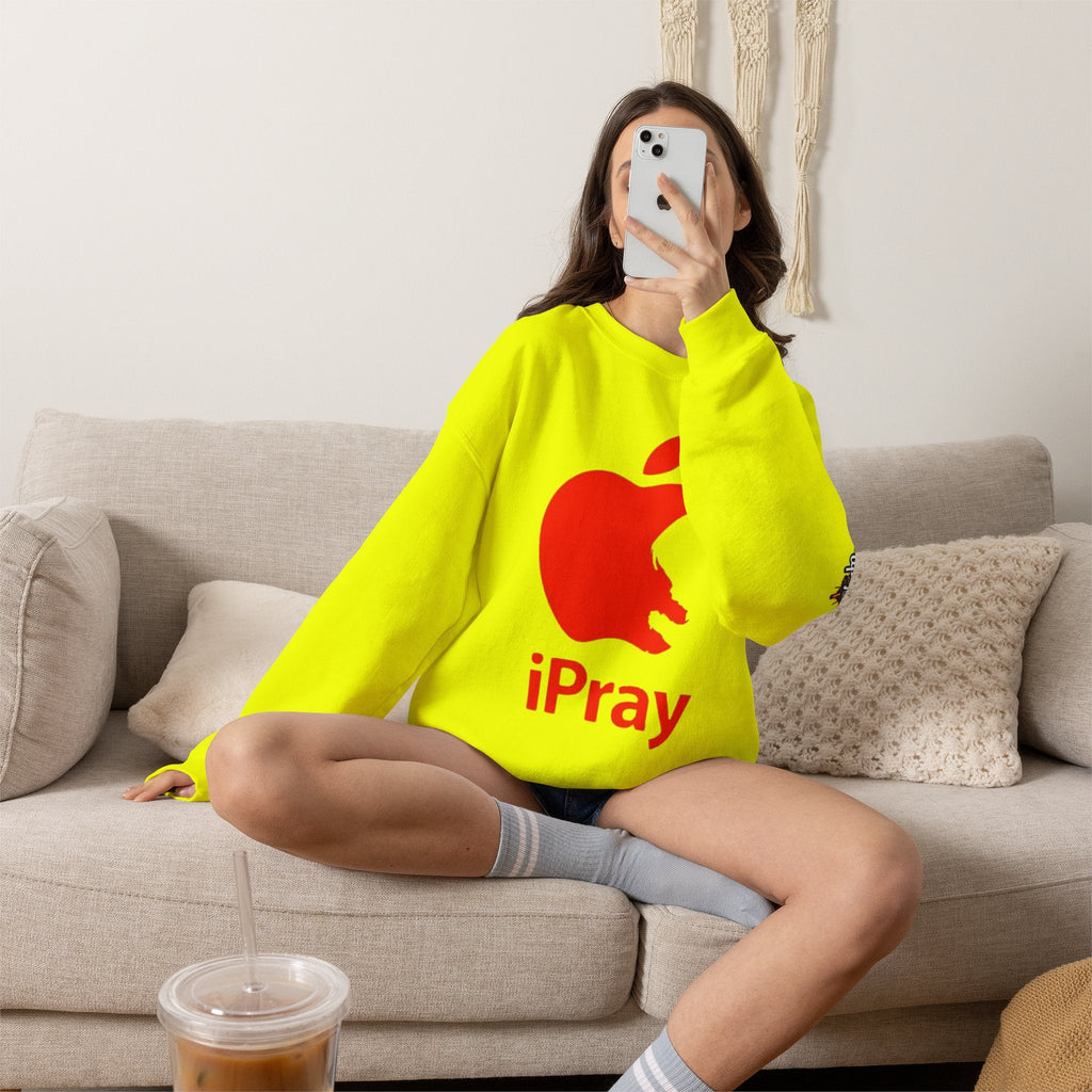 iPray Apple Logo Sweatshirt — Funny Christian Sweatshirt (Minimal Red Apple Graphic) Printify