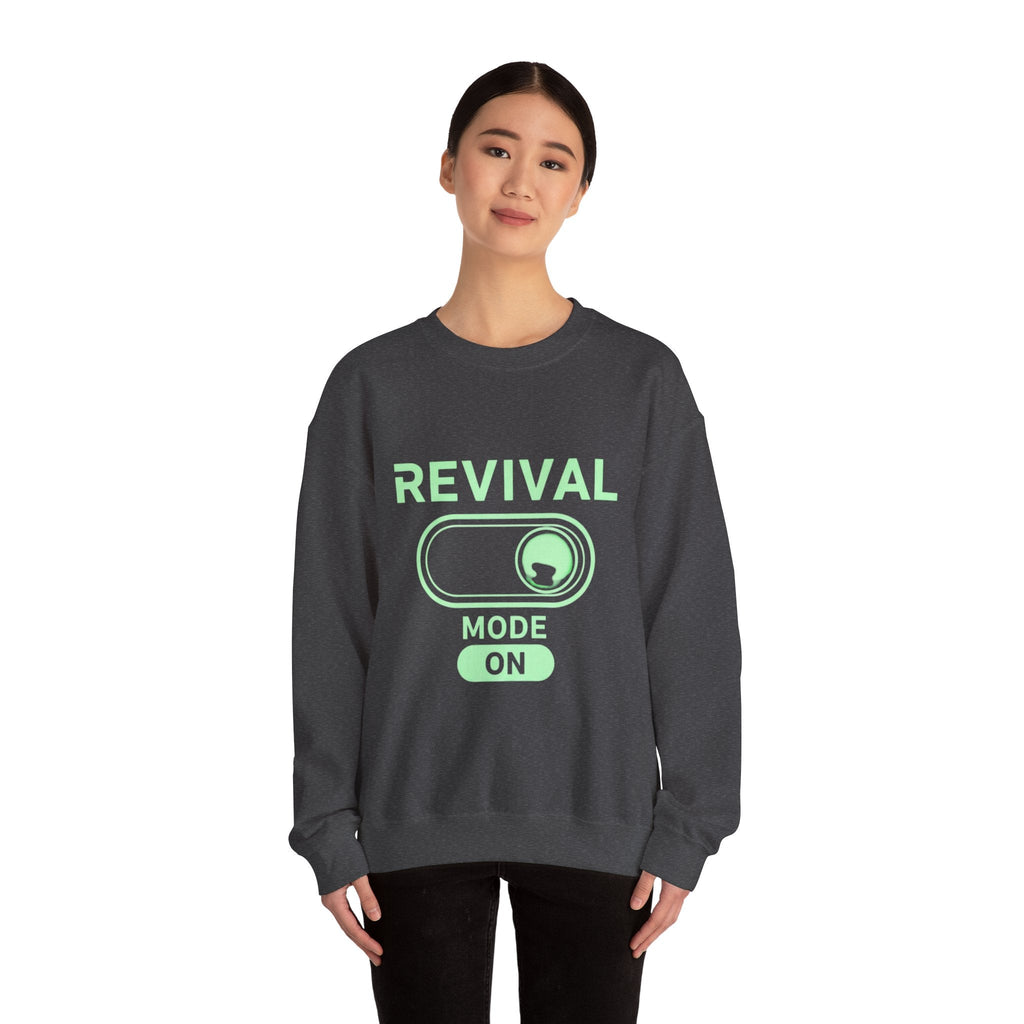 🔥 Revival Mode: ON – Christian Techwear Sweatshirt | Glowing Green Faith Switch | Futuristic Jesus Shirt | Activate Your Spiritual Awakening | Uplifted Gear Printify