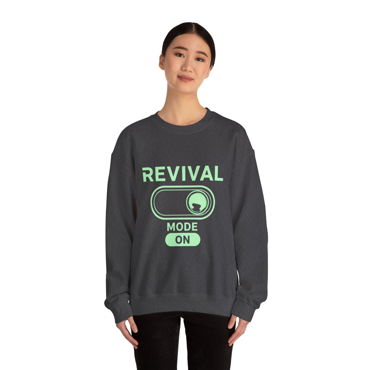 🔥 Revival Mode: ON – Christian Techwear Sweatshirt | Glowing Green Faith Switch | Futuristic Jesus Shirt | Activate Your Spiritual Awakening | Uplifted Gear Printify