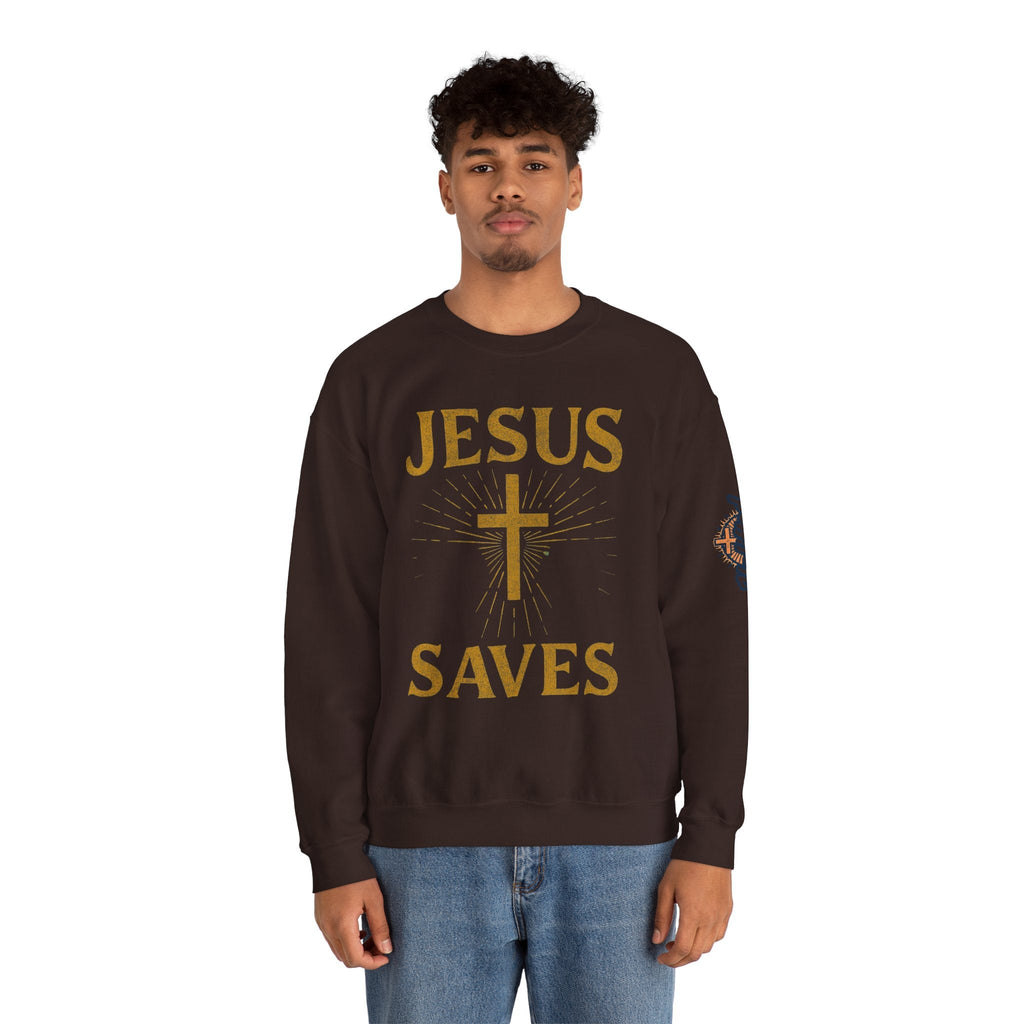 Jesus Saves Sweatshirt – Radiant Cross & Rays of Light Christian Sweatshirt for Eternal Hope & Faith Printify