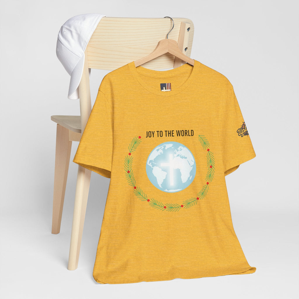 Joy to the World T-shirt – Wreath Earth Nativity Christian Christmas T-shirt for Isaiah 9:6 Holiday Faith & Festive Joy Printify