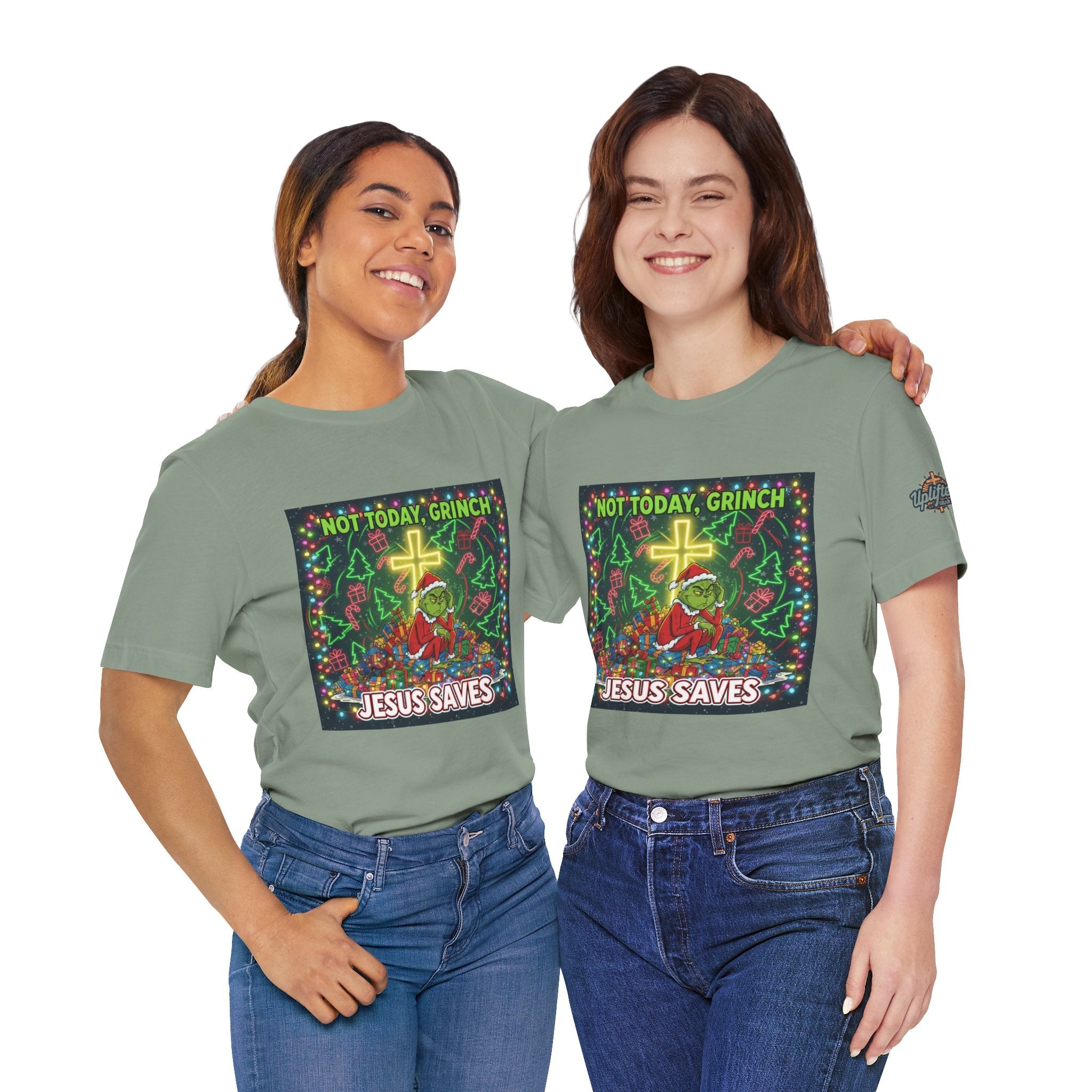 🎄 Not Today, Grinch – Jesus Saves | Funny Christian Christmas T-Shirt | Festive Green & Red Cartoon Style | Bold Faith Holiday Tee by Uplifted Gear Printify