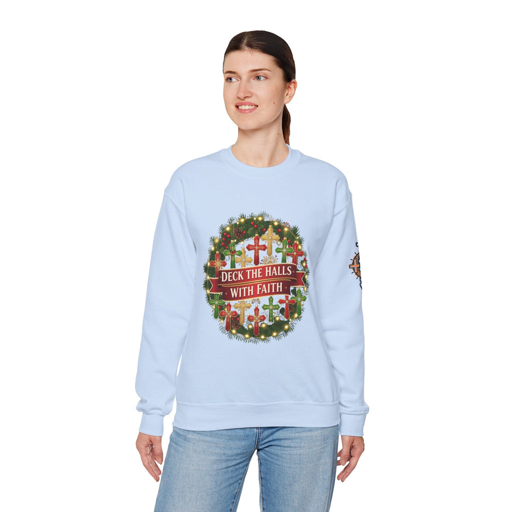 🎄 Deck the Halls with Faith – Christian Christmas Sweatshirt | Cross Ornament Design & Festive Garland | Bold Holiday Faith Tee by Uplifted Gear Printify