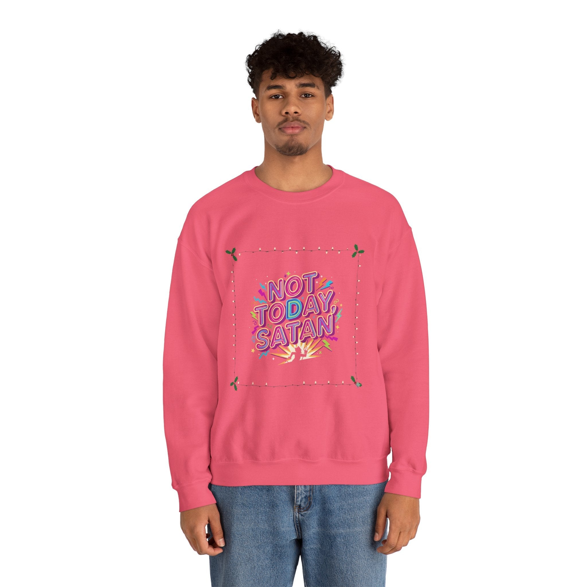 🔥 Not Today, Satan – Retro 90s Christian Sweatshirt | Neon Faith Tee | Funky Cartoon Devil | Bold Bible Verse Shirt | Uplifted Gear Printify
