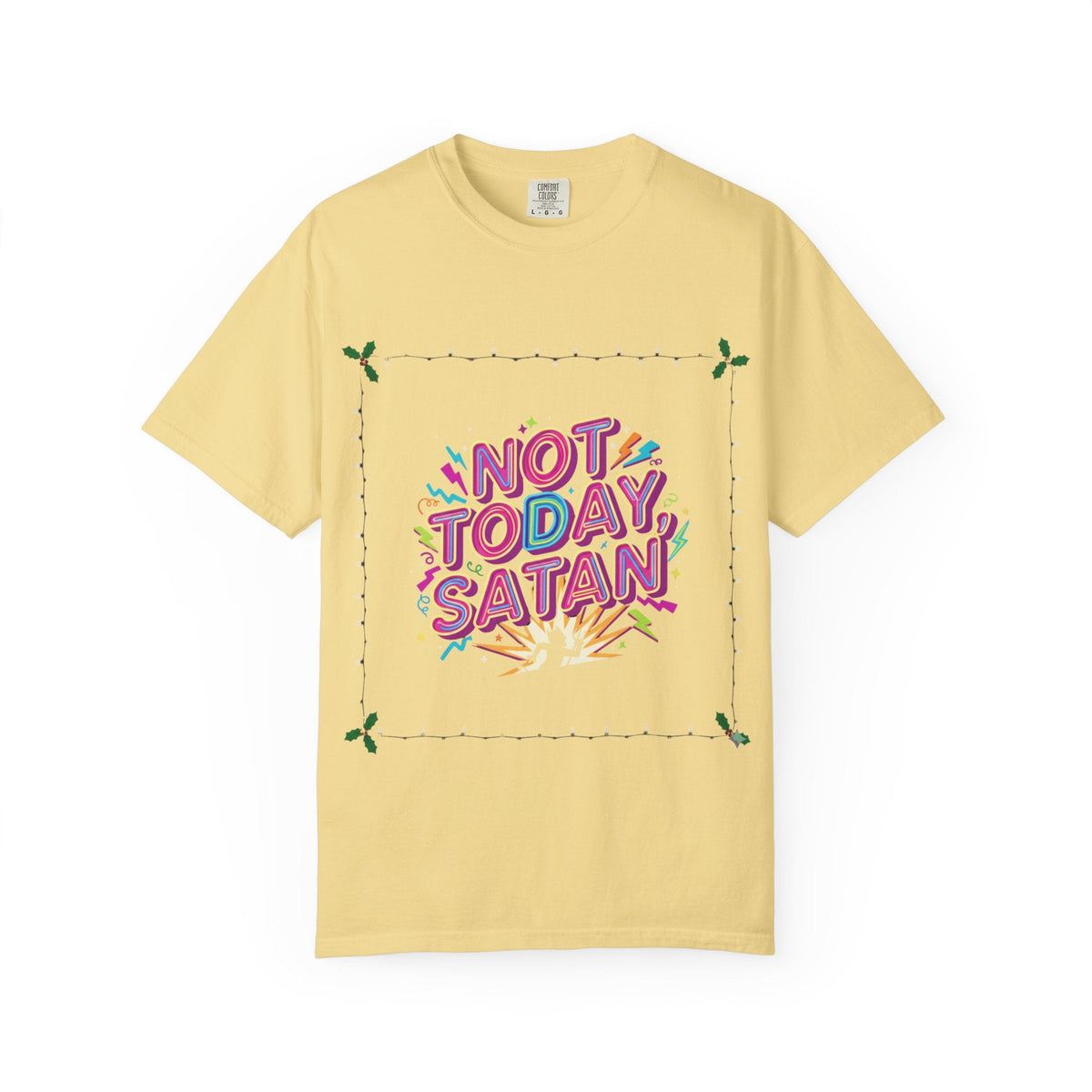 🔥 Not Today, Satan – Retro 90s Christian T-Shirt | Neon Faith Tee | Funky Cartoon Devil | Bold Bible Verse Shirt | Uplifted Gear Printify