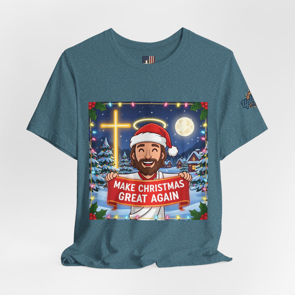 🎄 Make Christmas Great Again – Funny Christian T-Shirt | Jesus Holding Banner | Faith-Based Holiday Parody Tee | Uplifted Gear Printify