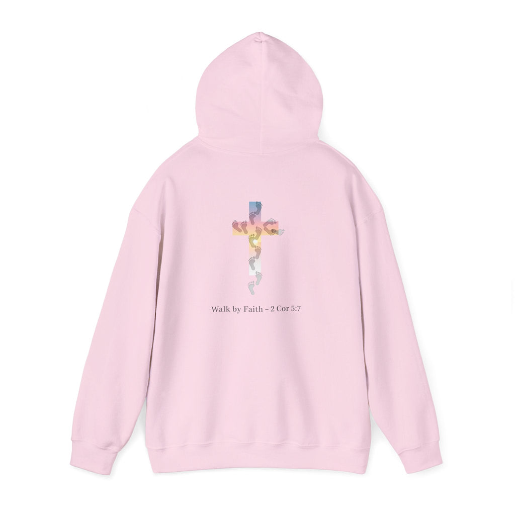 Walk by Faith Hoodie – Cross & Footprints Christian Hoodie for Cozy Inspiration Printify