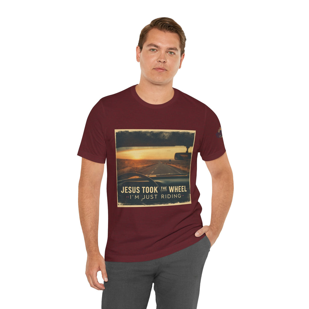 Jesus Took the Wheel I'm Just Riding T-shirt – Funny Christian Convertible Car T-shirt for Surrendered Faith & Humor Printify