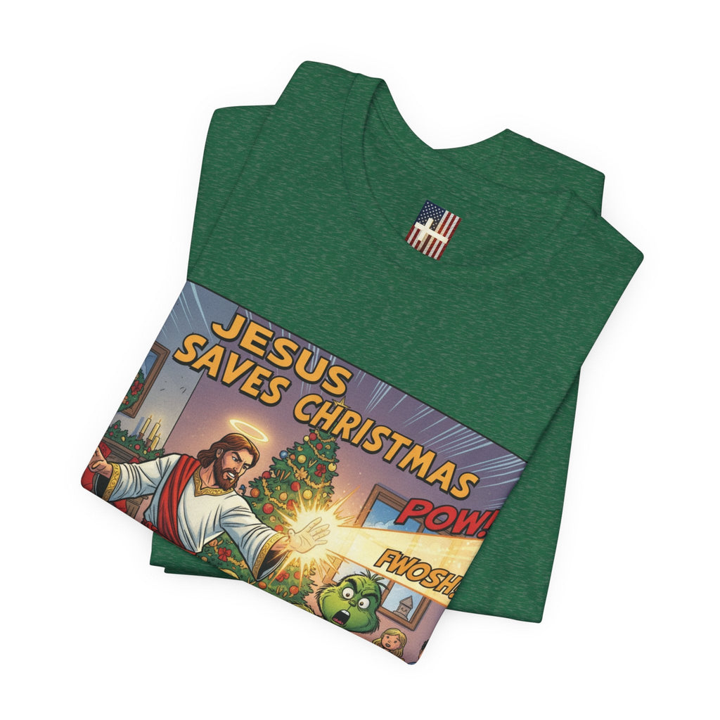 Jesus Saves Christmas T-shirt – Grinch vs Savior Light Battle Christian T-shirt for Hilarious Holiday Faith & True Joy Printify