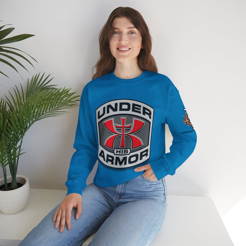 Under His Armor Crewneck Sweatshirt — Christian Faith Graphic Pullover Printify