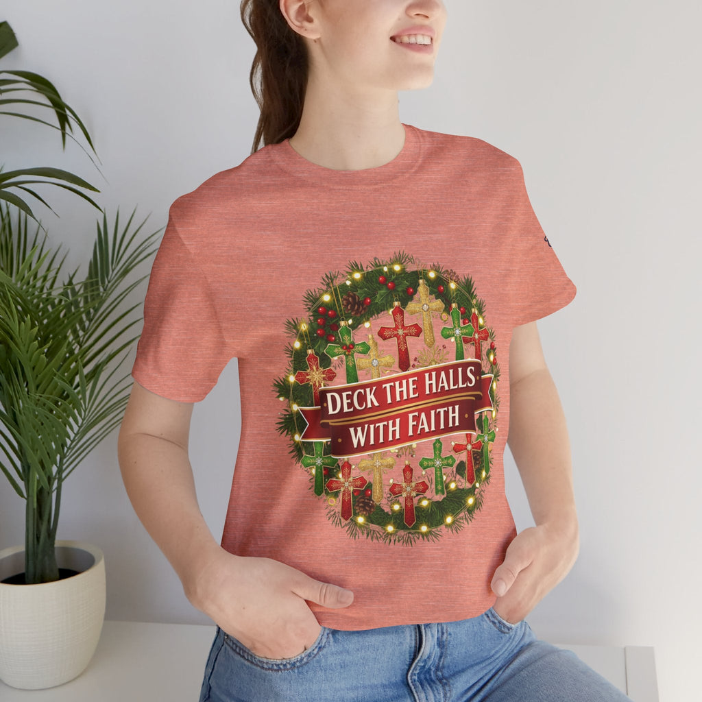 🎄 Deck the Halls with Faith – Christian Christmas T-Shirt | Cross Ornament Design & Festive Garland | Bold Holiday Faith Tee by Uplifted Gear Printify